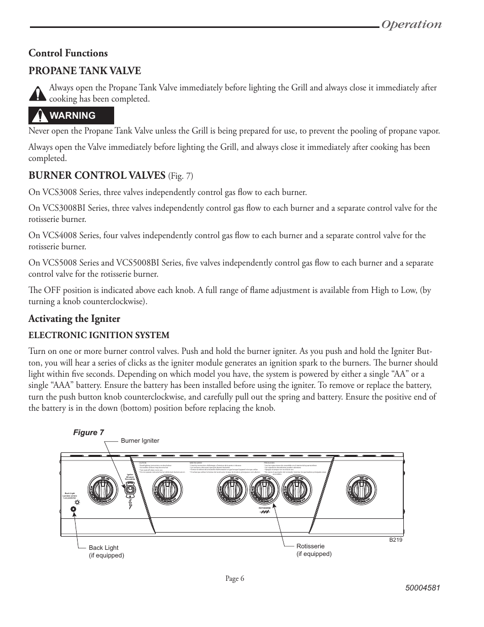 Operation, Control functions propane tank valve, Burner control valves | Activating the igniter, Warning | Vermont Casting VCS3008B Series User Manual | Page 13 / 31