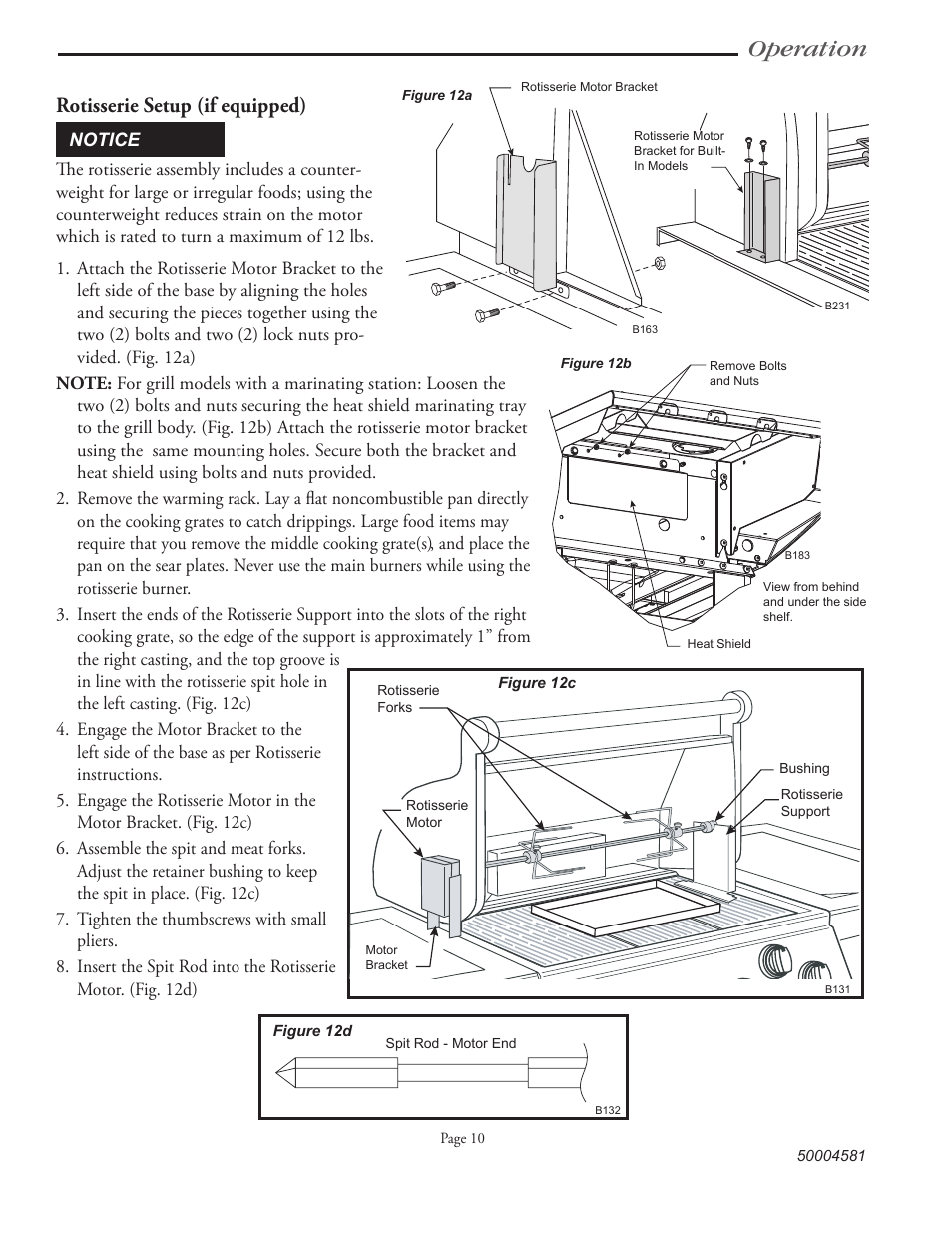 Operation, Rotisserie setup (if equipped) | Vermont Casting VCS3008B Series User Manual | Page 17 / 31