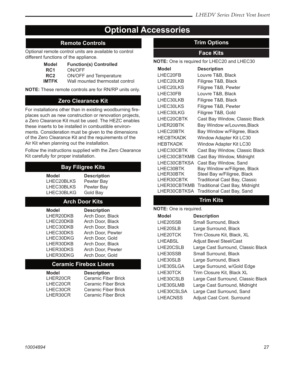 Optional accessories | Vermont Casting LHERDV20 User Manual | Page 27 / 32