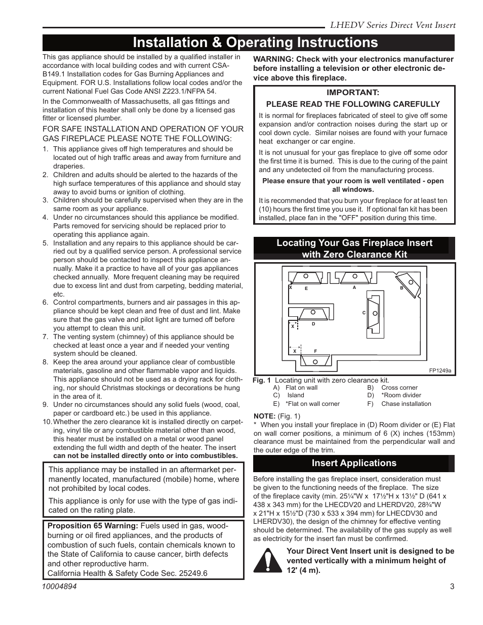 Installation & operating instructions, Lhedv series direct vent insert, Insert applications | Vermont Casting LHERDV20 User Manual | Page 3 / 32