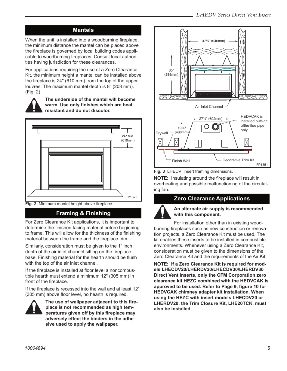 Lhedv series direct vent insert, Mantels, Framing & finishing | Zero clearance applications | Vermont Casting LHERDV20 User Manual | Page 5 / 32