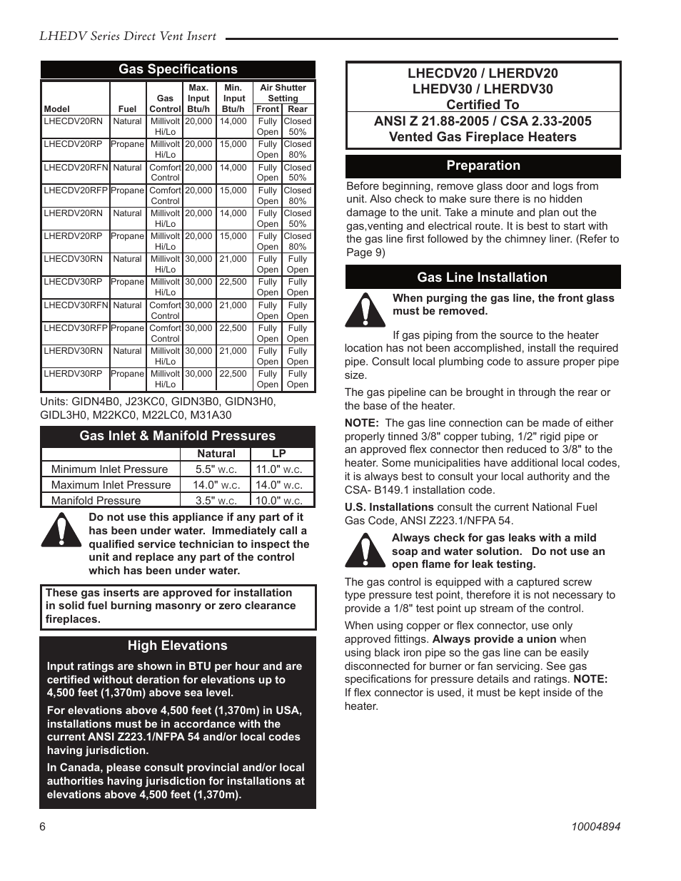 Lhedv series direct vent insert, Gas line installation, High elevations | Gas speciﬁcations | Vermont Casting LHERDV20 User Manual | Page 6 / 32