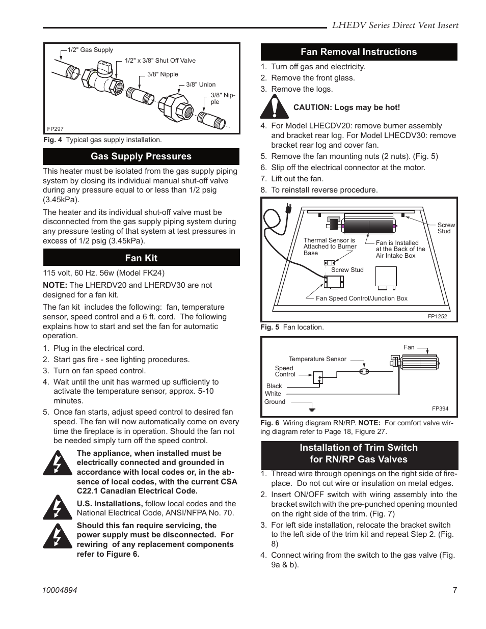 Lhedv series direct vent insert, Gas supply pressures, Fan kit | Fan removal instructions, Installation of trim switch for rn/rp gas valves | Vermont Casting LHERDV20 User Manual | Page 7 / 32