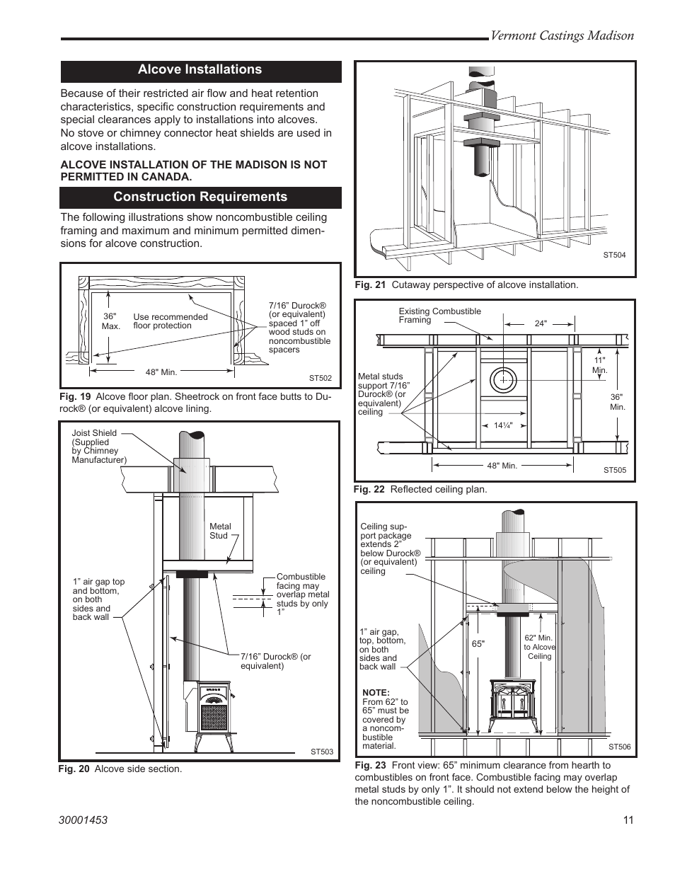 Vermont castings madison, Alcove installations, Construction requirements | Vermont Casting 1656 User Manual | Page 11 / 28