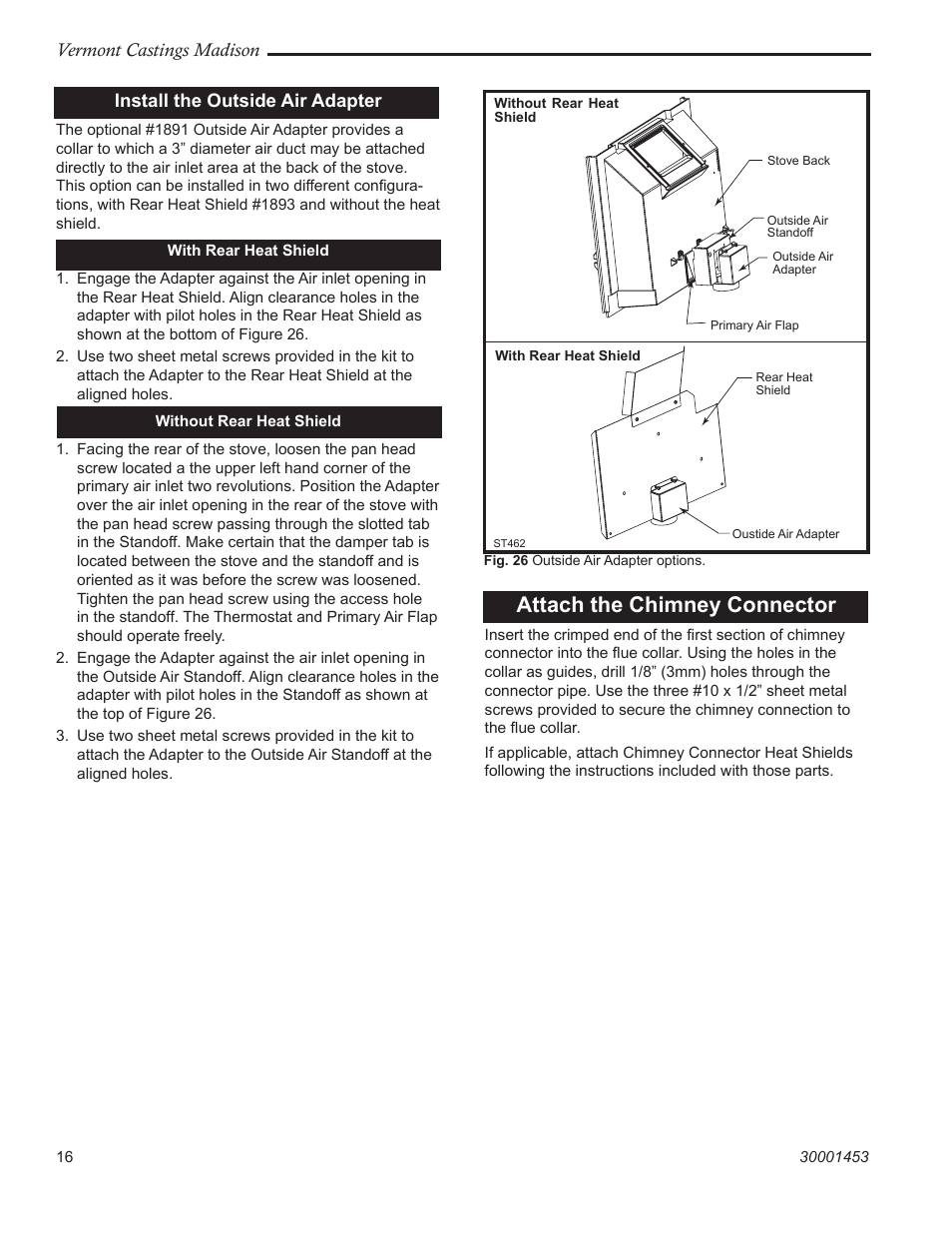 Attach the chimney connector, Vermont castings madison, Install the outside air adapter | Vermont Casting 1656 User Manual | Page 16 / 28