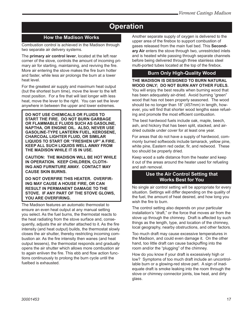 Operation | Vermont Casting 1656 User Manual | Page 17 / 28