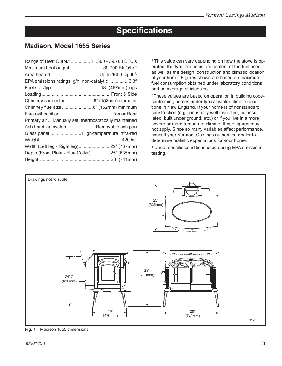 Speciﬁcations, Madison, model 1655 series, Vermont castings madison | Vermont Casting 1656 User Manual | Page 3 / 28