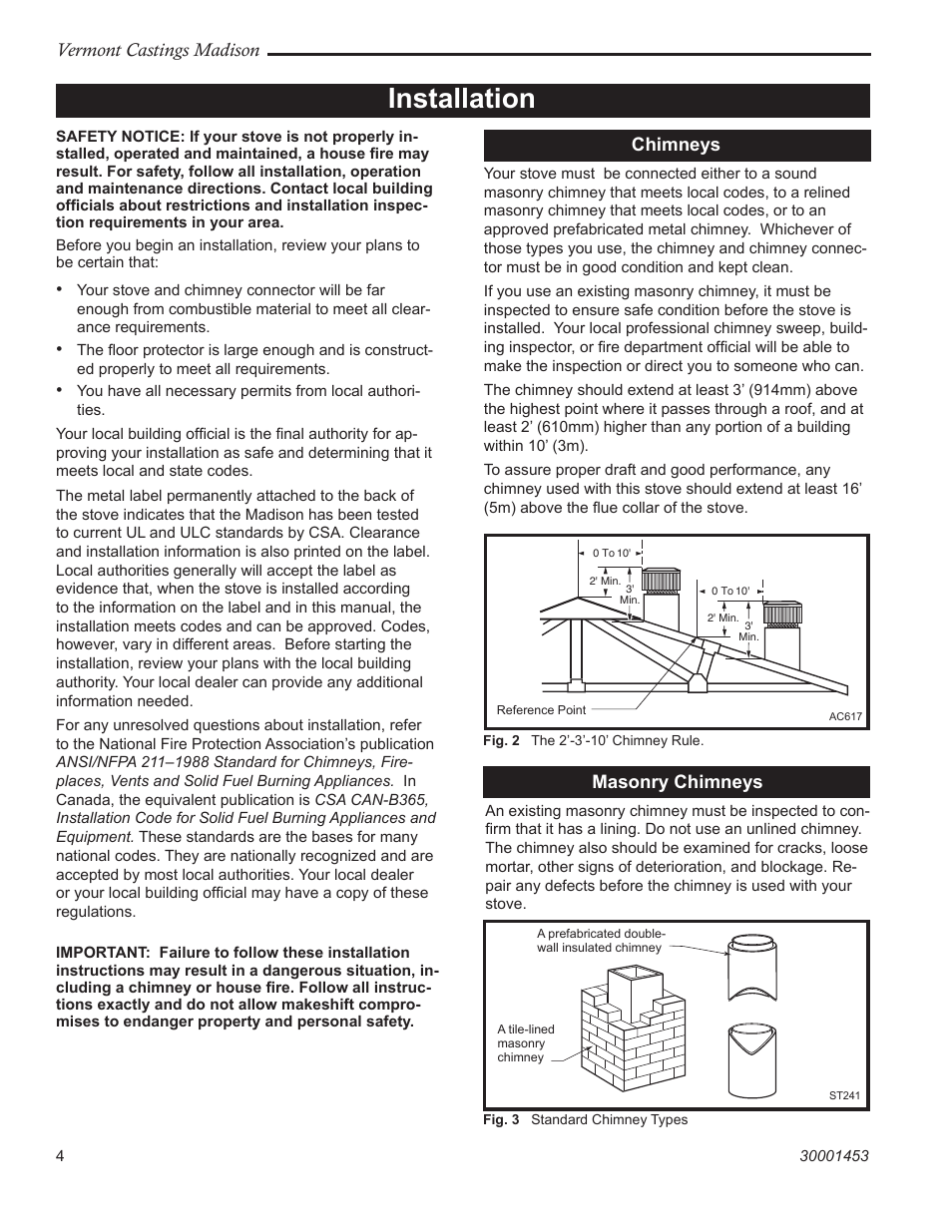 Installation, Vermont castings madison, Chimneys | Masonry chimneys | Vermont Casting 1656 User Manual | Page 4 / 28