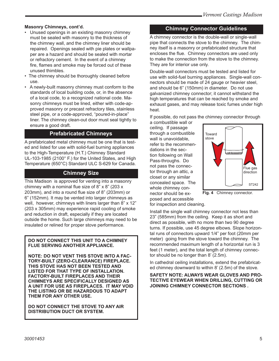 Vermont castings madison, Prefabricated chimneys, Chimney size | Chimney connector guidelines | Vermont Casting 1656 User Manual | Page 5 / 28