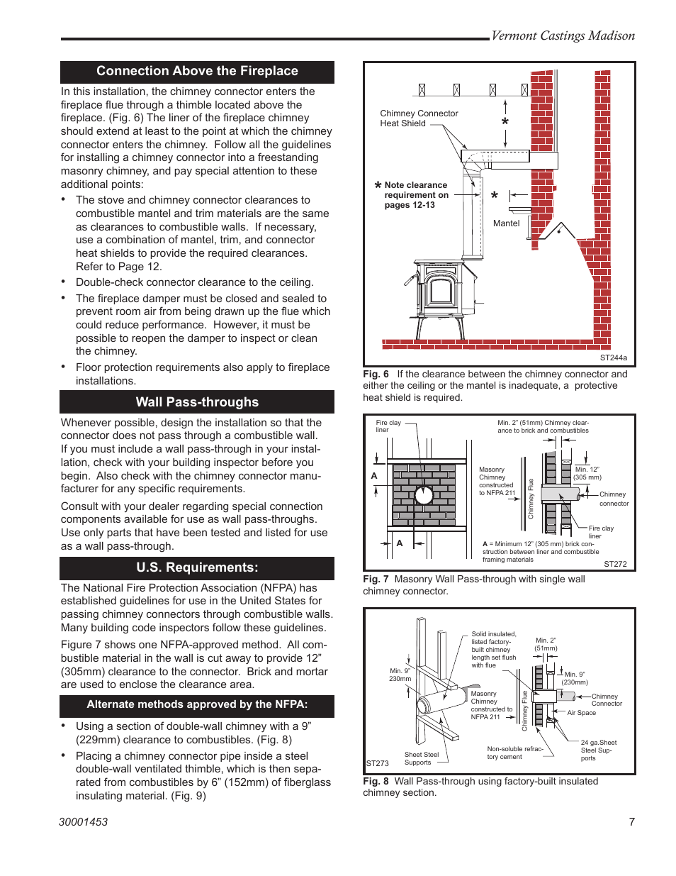 Vermont castings madison, Connection above the fireplace, Wall pass-throughs | U.s. requirements | Vermont Casting 1656 User Manual | Page 7 / 28