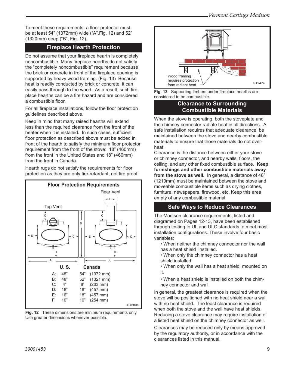 Vermont castings madison, Fireplace hearth protection, Clearance to surrounding combustible materials | Safe ways to reduce clearances, Floor protection requirements | Vermont Casting 1656 User Manual | Page 9 / 28