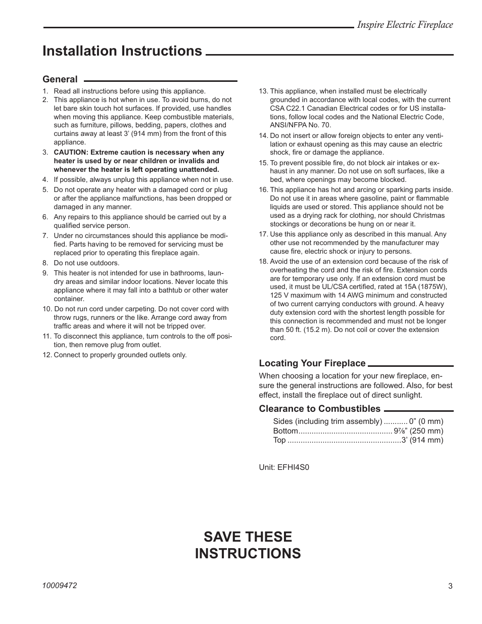 Installation instructions, Save these instructions, Inspire electric fireplace | Vermont Casting ICVCTK02 User Manual | Page 3 / 12