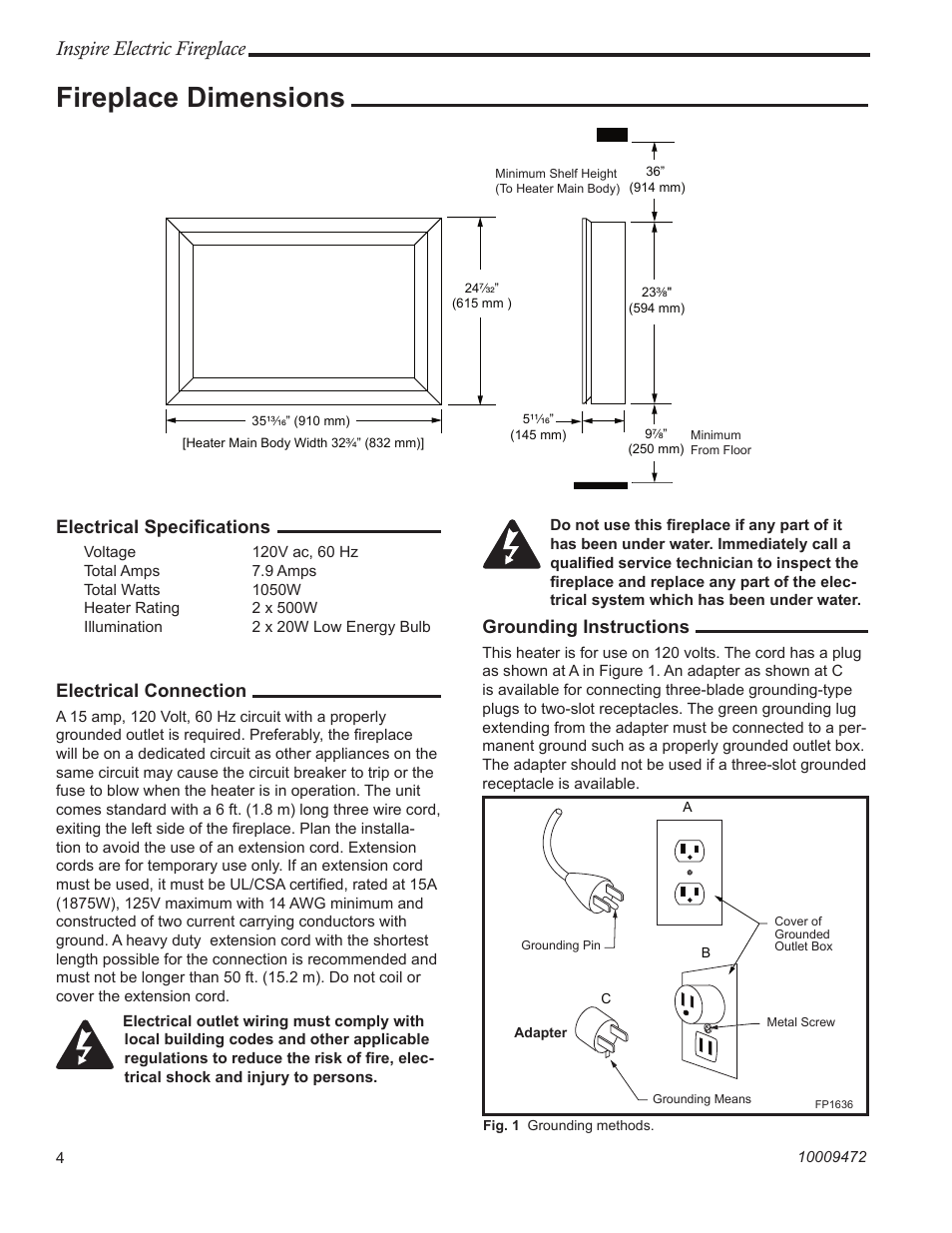 Fireplace dimensions, Inspire electric fireplace, Electrical speciﬁcations | Electrical connection, Grounding instructions | Vermont Casting ICVCTK02 User Manual | Page 4 / 12