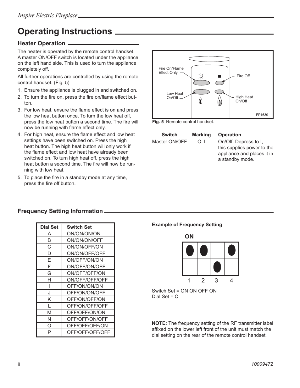 Operating instructions, Inspire electric fireplace | Vermont Casting ICVCTK02 User Manual | Page 8 / 12
