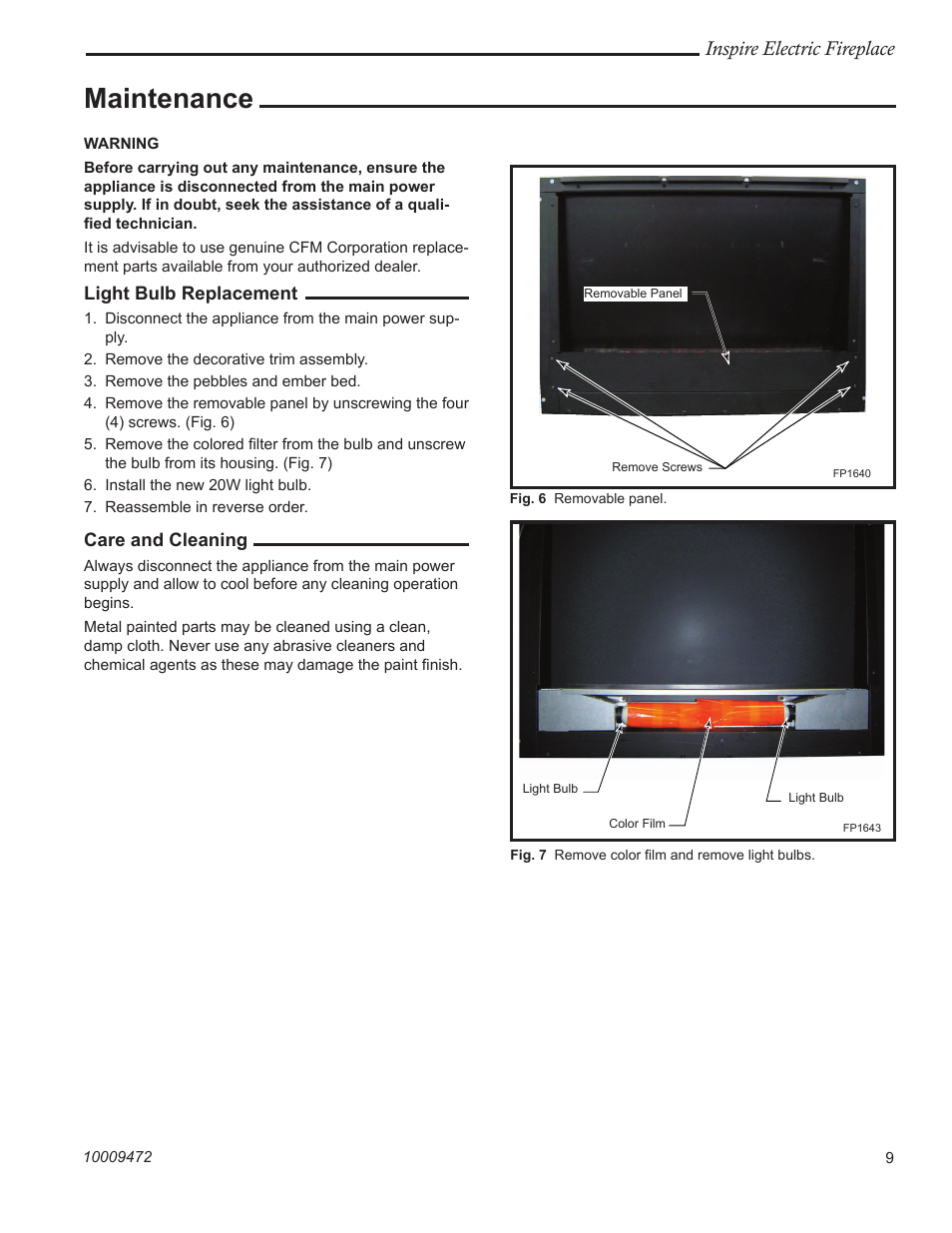 Maintenance, Inspire electric fireplace | Vermont Casting ICVCTK02 User Manual | Page 9 / 12
