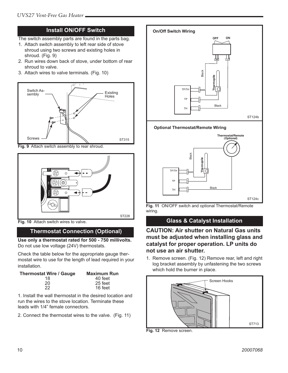 Uvs27 vent-free gas heater, Thermostat connection (optional), Install on/off switch | Vermont Casting 4090 - 4092 User Manual | Page 10 / 28