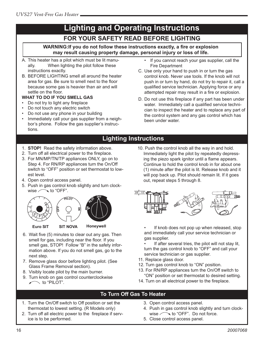 Lighting and operating instructions, For your safety read before lighting, Lighting instructions | Uvs27 vent-free gas heater | Vermont Casting 4090 - 4092 User Manual | Page 16 / 28