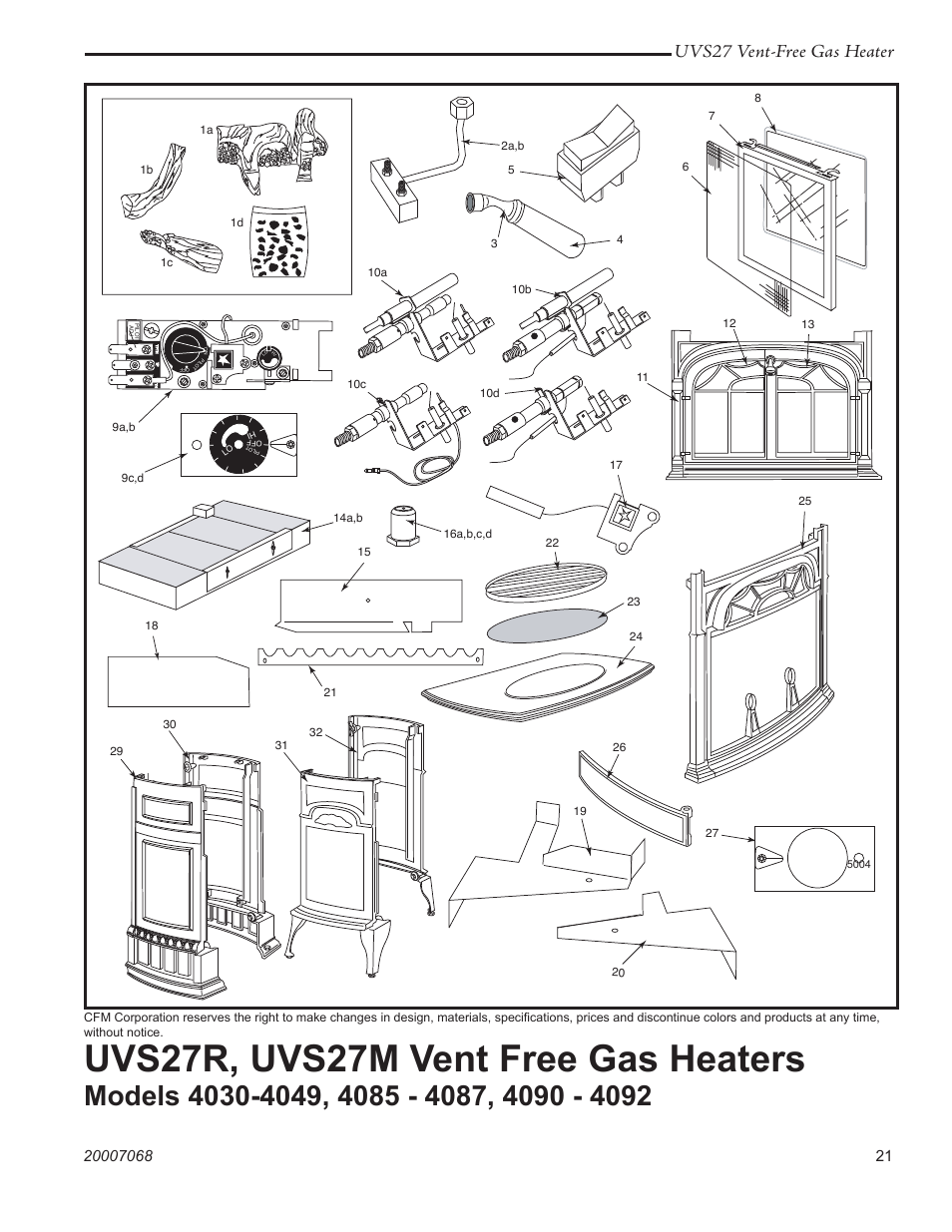 Uvs27r, uvs27m vent free gas heaters, Uvs27 vent-free gas heater | Vermont Casting 4090 - 4092 User Manual | Page 21 / 28