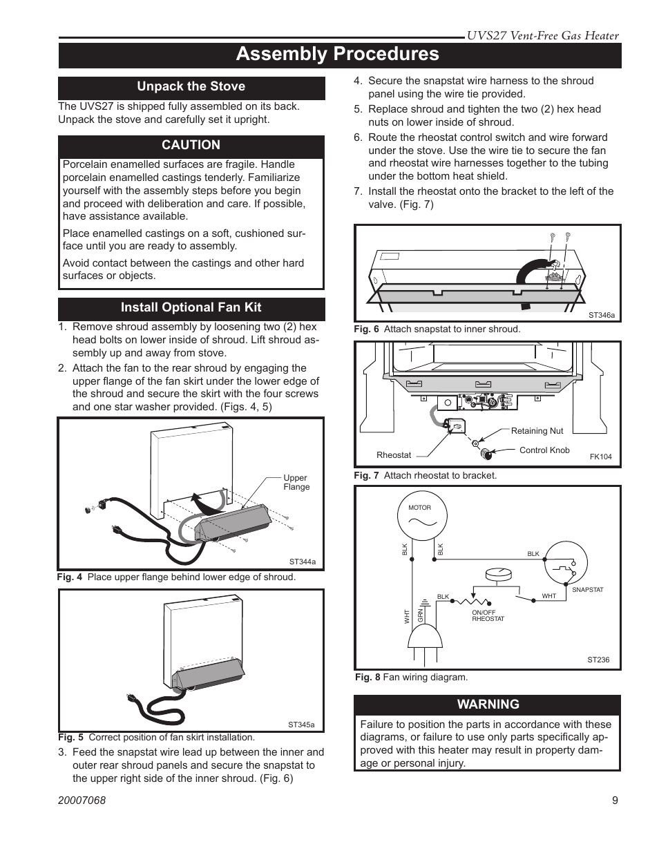 Assembly procedures, Uvs27 vent-free gas heater, Caution | Unpack the stove, Install optional fan kit, Warning | Vermont Casting 4090 - 4092 User Manual | Page 9 / 28