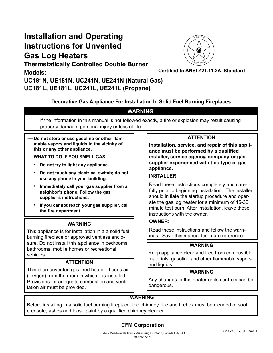 Vermont Casting UE181N User Manual | 13 pages