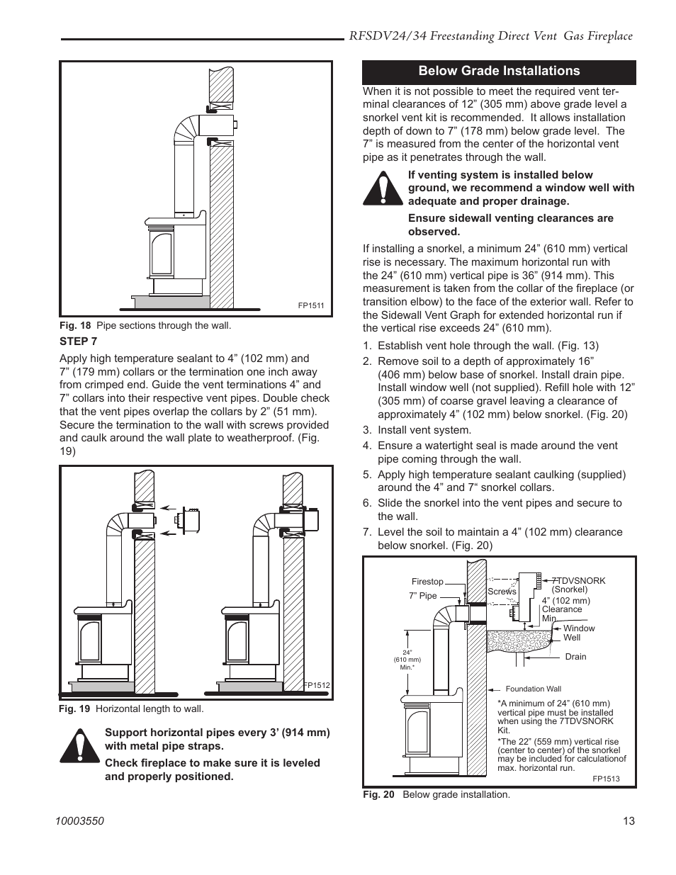 Rfsdv24/34 freestanding direct vent gas fireplace, Below grade installations | Vermont Casting RFSDV24 User Manual | Page 13 / 36