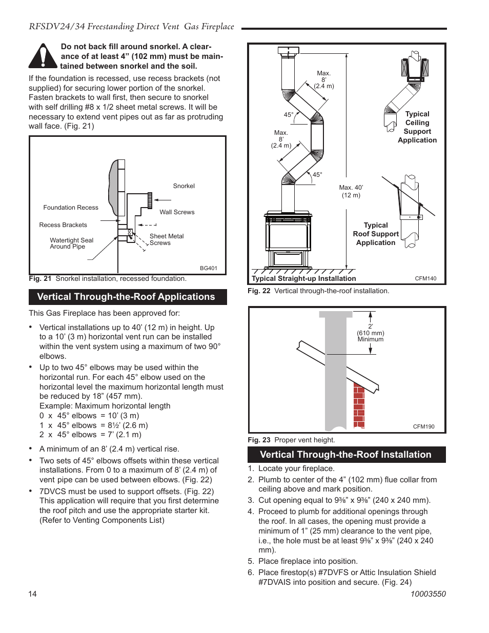 Rfsdv24/34 freestanding direct vent gas fireplace, Vertical through-the-roof applications, Vertical through-the-roof installation | Vermont Casting RFSDV24 User Manual | Page 14 / 36