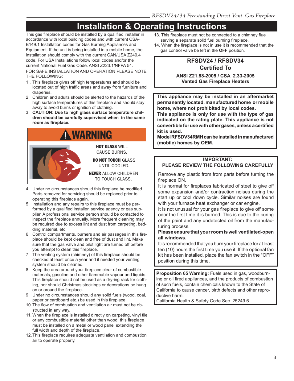 Installation & operating instructions | Vermont Casting RFSDV24 User Manual | Page 3 / 36