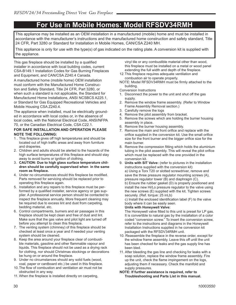 For use in mobile homes: model rfsdv34rmh, Rfsdv24/34 freestanding direct vent gas fireplace | Vermont Casting RFSDV24 User Manual | Page 30 / 36