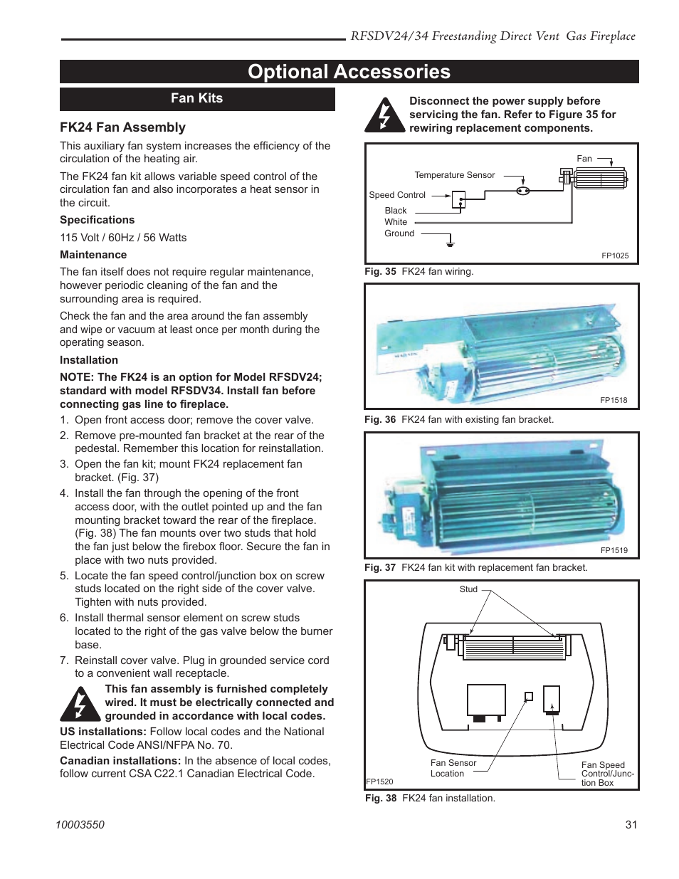 Optional accessories, Rfsdv24/34 freestanding direct vent gas fireplace, Fk24 fan assembly | Fan kits | Vermont Casting RFSDV24 User Manual | Page 31 / 36