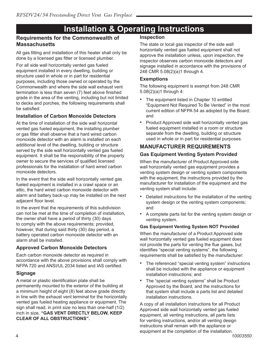 Installation & operating instructions | Vermont Casting RFSDV24 User Manual | Page 4 / 36