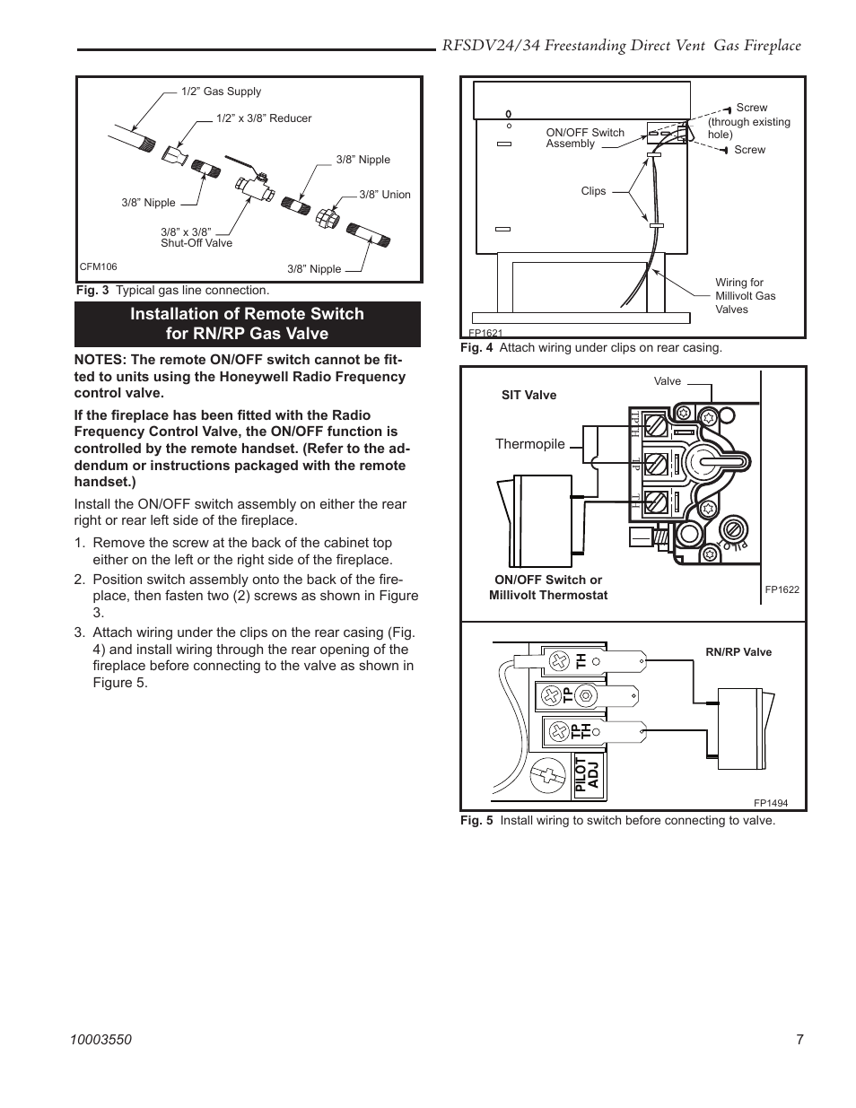 Rfsdv24/34 freestanding direct vent gas fireplace, Installation of remote switch for rn/rp gas valve | Vermont Casting RFSDV24 User Manual | Page 7 / 36