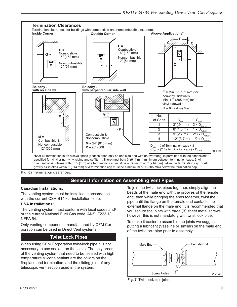 Rfsdv24/34 freestanding direct vent gas fireplace, General information on assembling vent pipes, Twist lock pipes | Termination clearances | Vermont Casting RFSDV24 User Manual | Page 9 / 36