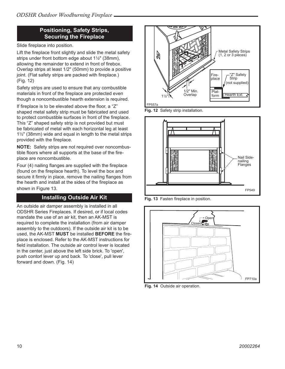 Odshr outdoor woodburning fireplace, Positioning, safety strips, securing the fireplace, Installing outside air kit | Vermont Casting ODSHR42 User Manual | Page 10 / 24