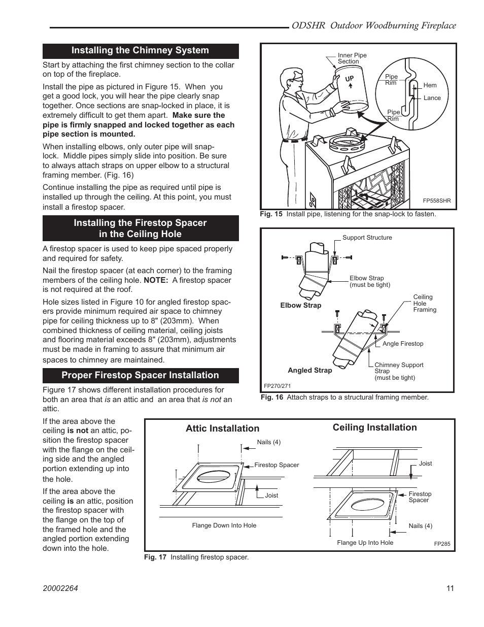 Odshr outdoor woodburning fireplace, Installing the chimney system, Installing the firestop spacer in the ceiling hole | Proper firestop spacer installation, Attic installation ceiling installation | Vermont Casting ODSHR42 User Manual | Page 11 / 24
