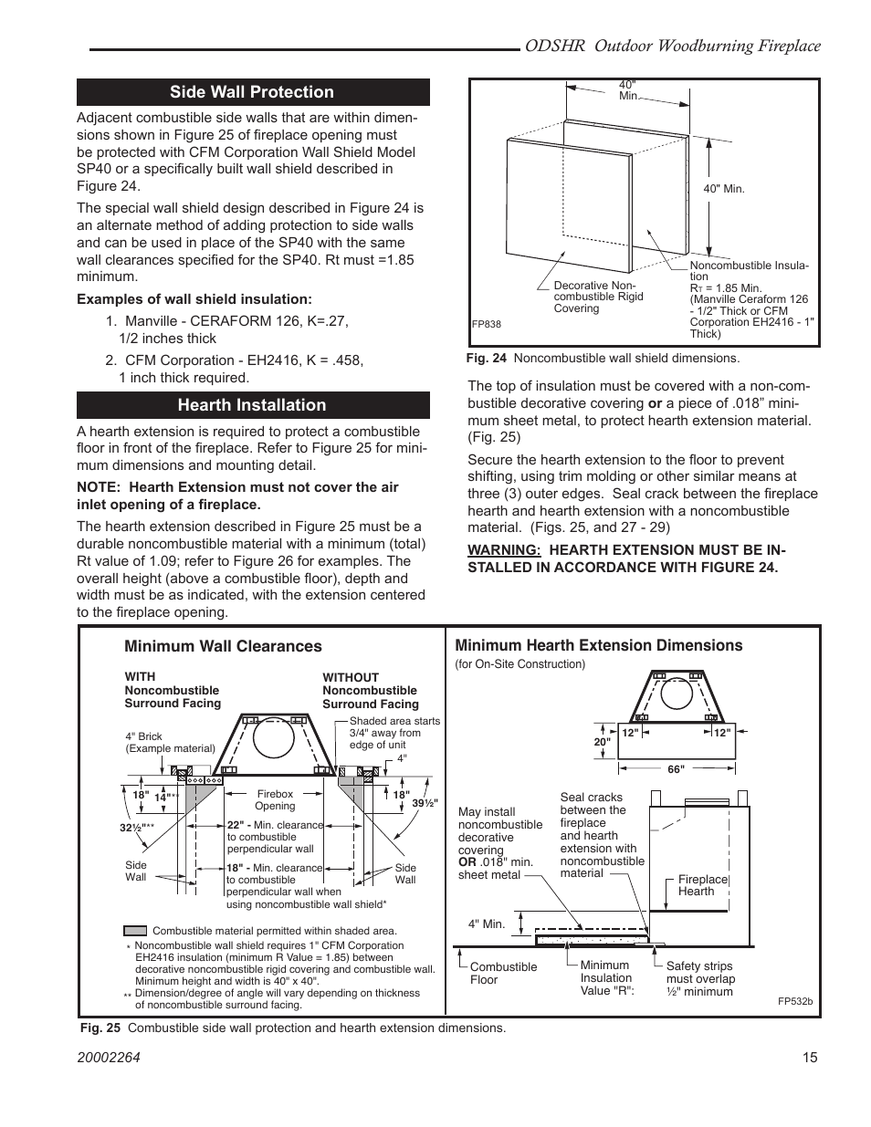 Odshr outdoor woodburning fireplace, Side wall protection, Hearth installation | Minimum wall clearances, Minimum hearth extension dimensions | Vermont Casting ODSHR42 User Manual | Page 15 / 24