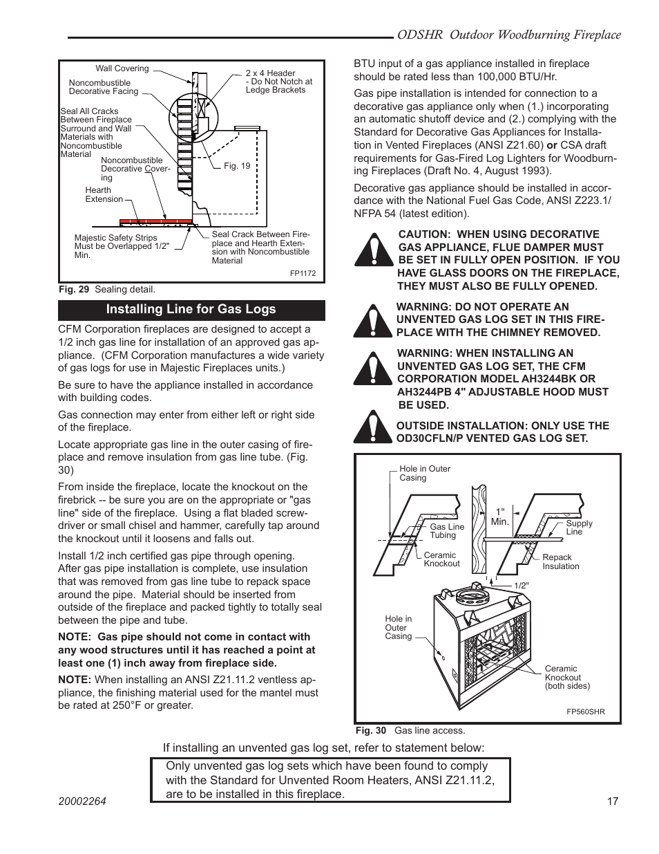 Odshr outdoor woodburning fireplace, Installing line for gas logs | Vermont Casting ODSHR42 User Manual | Page 17 / 24