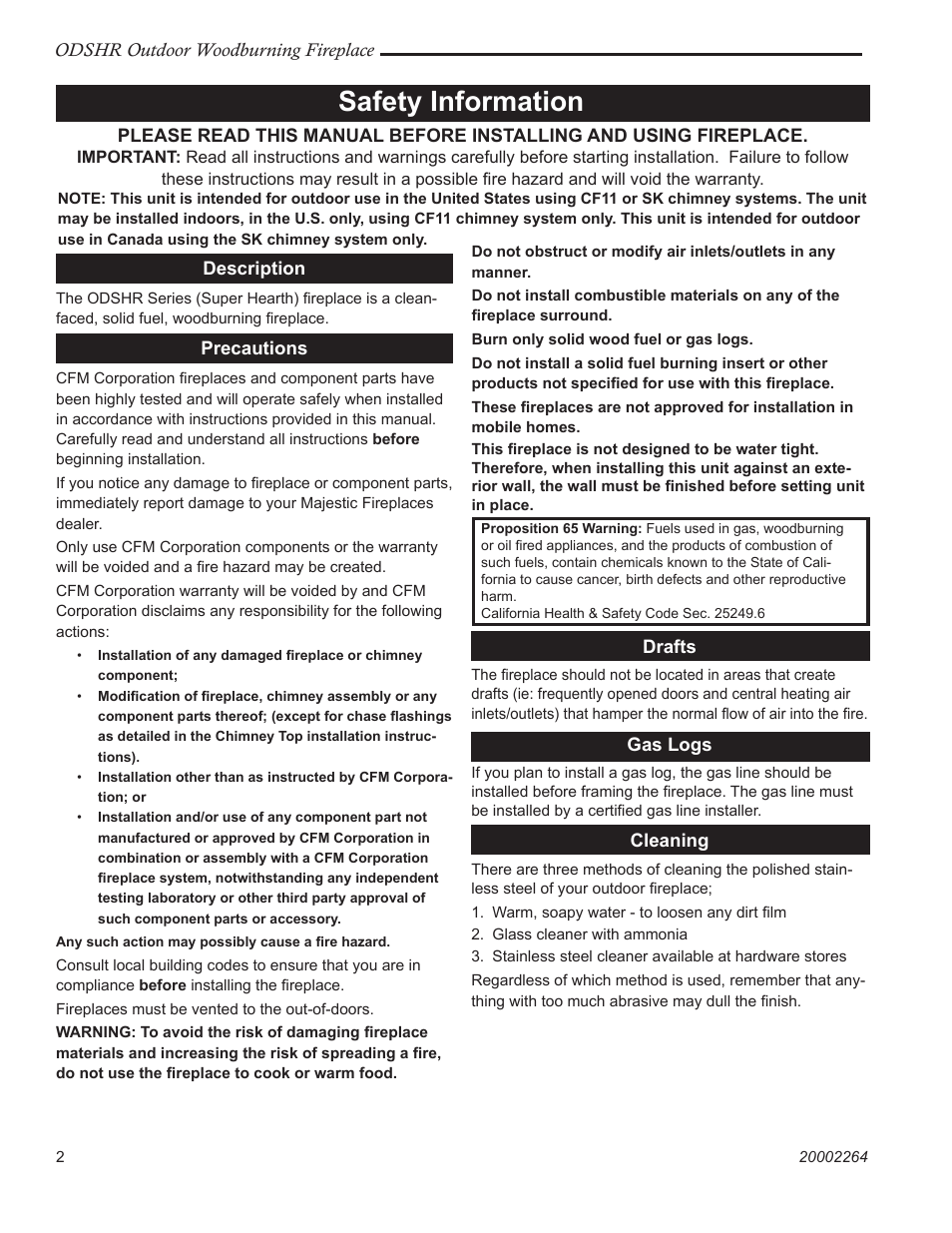 Safety information | Vermont Casting ODSHR42 User Manual | Page 2 / 24