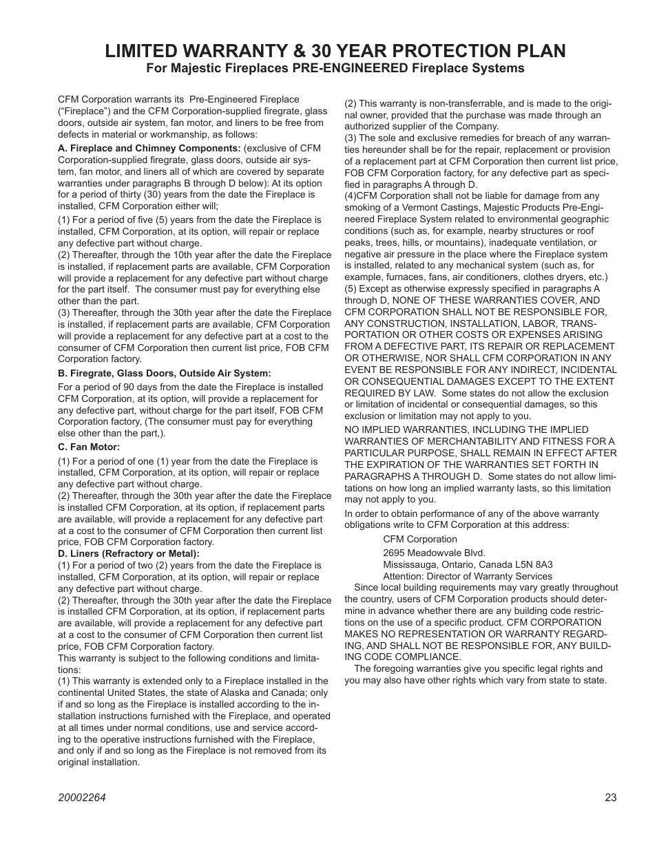 Limited warranty & 30 year protection plan | Vermont Casting ODSHR42 User Manual | Page 23 / 24