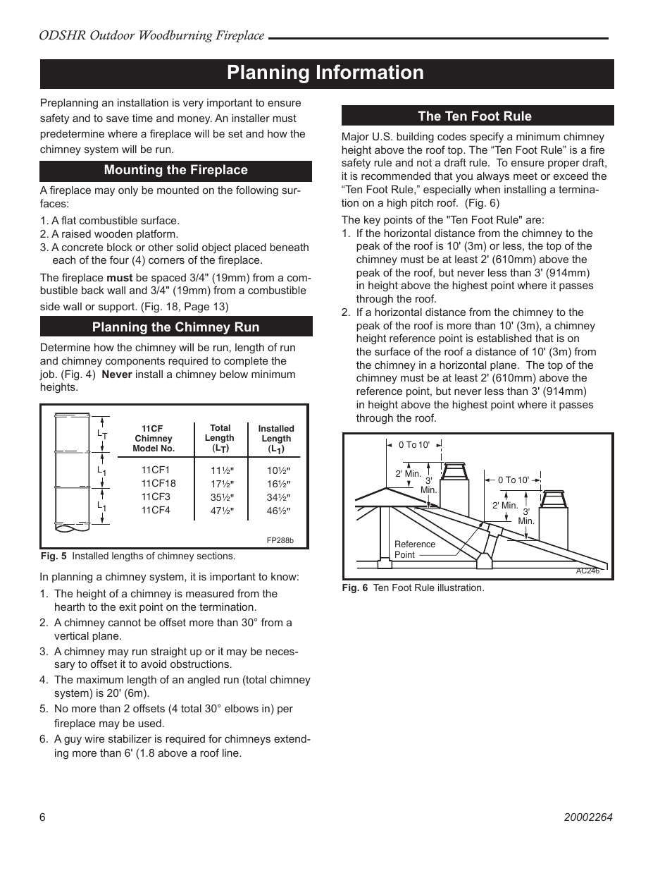 Planning information, Odshr outdoor woodburning fireplace, The ten foot rule | Mounting the fireplace, Planning the chimney run | Vermont Casting ODSHR42 User Manual | Page 6 / 24