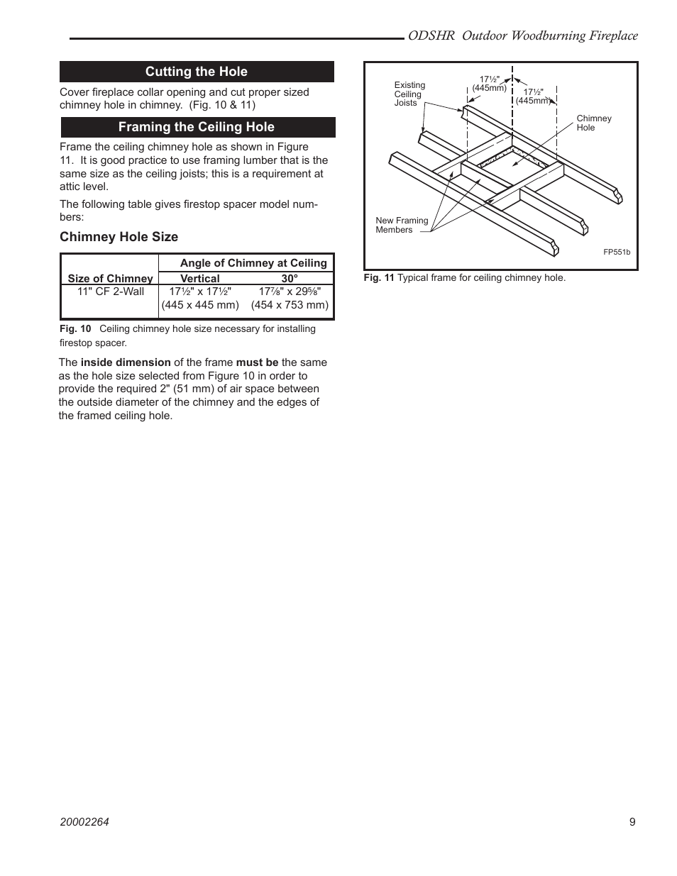 Odshr outdoor woodburning fireplace, Cutting the hole, Framing the ceiling hole | Chimney hole size | Vermont Casting ODSHR42 User Manual | Page 9 / 24