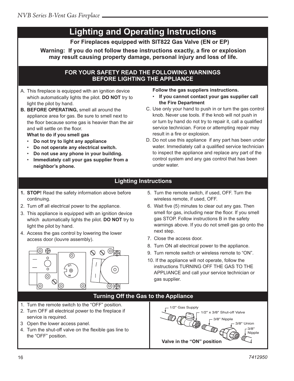 Lighting and operating instructions, Nvb series b-vent gas fireplace | Vermont Casting NVBR36 User Manual | Page 16 / 24