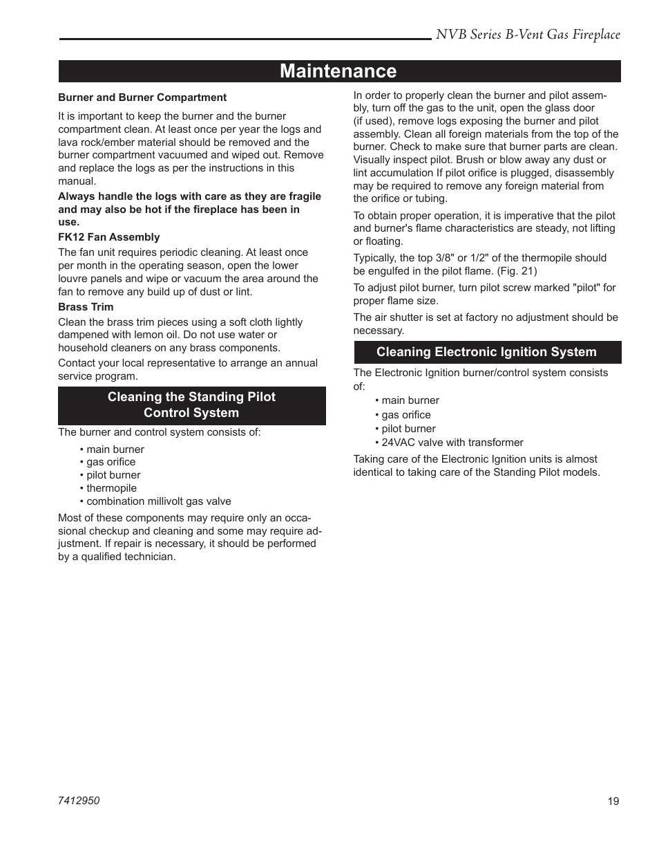 Maintenance, Nvb series b-vent gas fireplace | Vermont Casting NVBR36 User Manual | Page 19 / 24