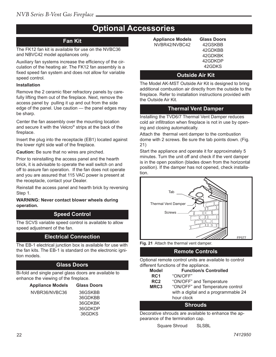 Optional accessories, Nvb series b-vent gas fireplace | Vermont Casting NVBR36 User Manual | Page 22 / 24
