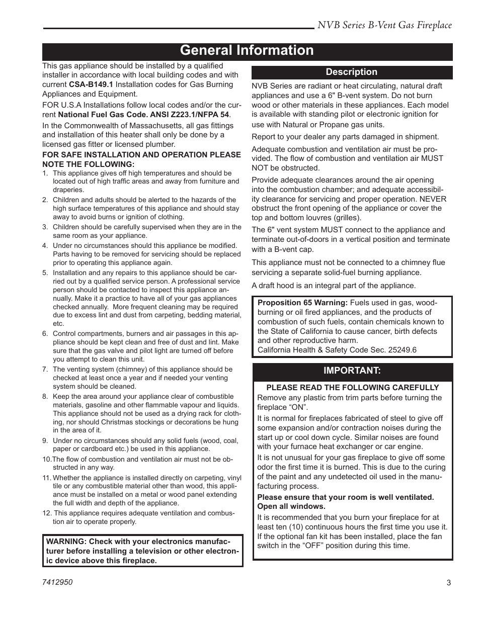 General information, Nvb series b-vent gas fireplace | Vermont Casting NVBR36 User Manual | Page 3 / 24