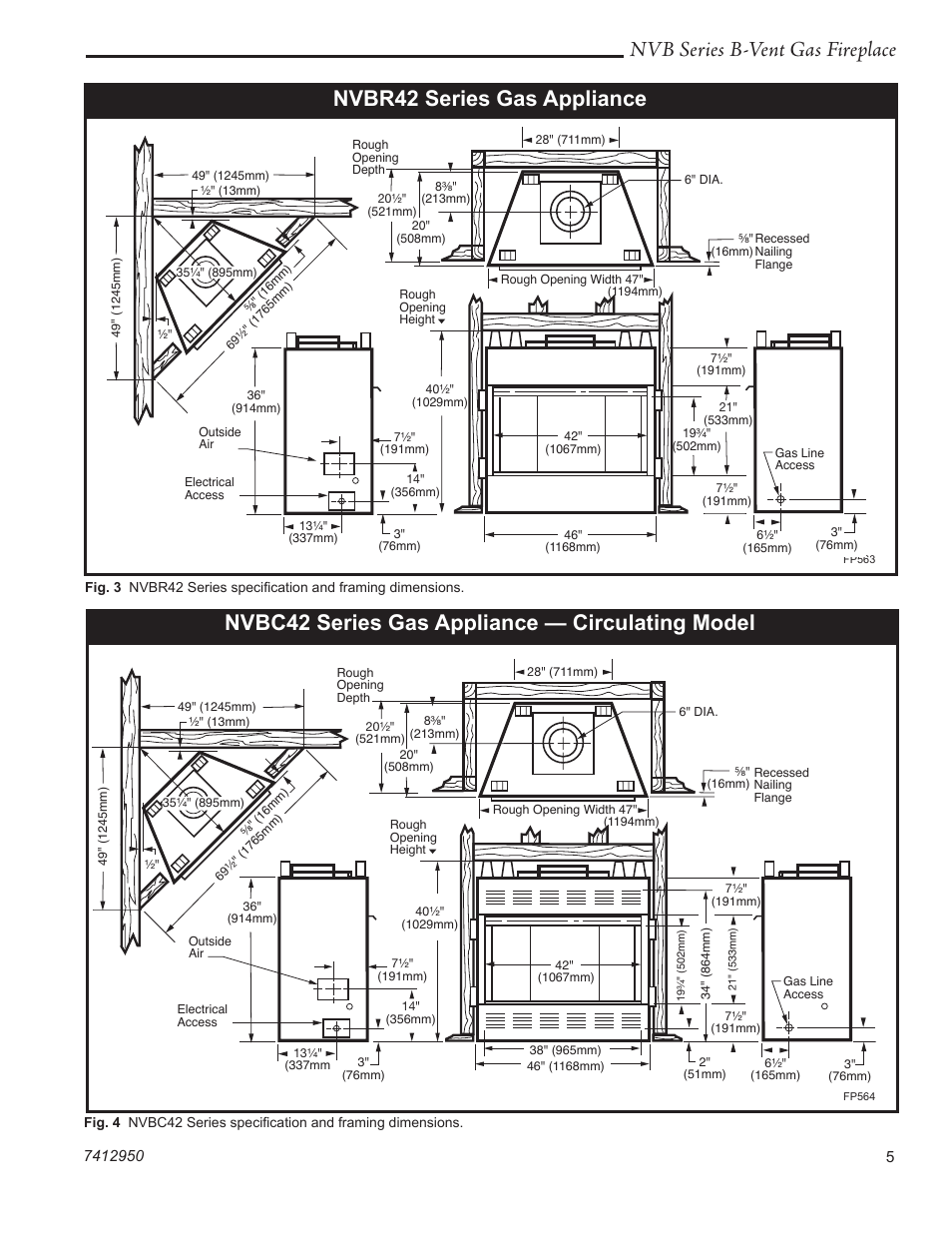 Nvb series b-vent gas fireplace, Nvbr42 series gas appliance, Nvbc42 series gas appliance — circulating model | Vermont Casting NVBR36 User Manual | Page 5 / 24