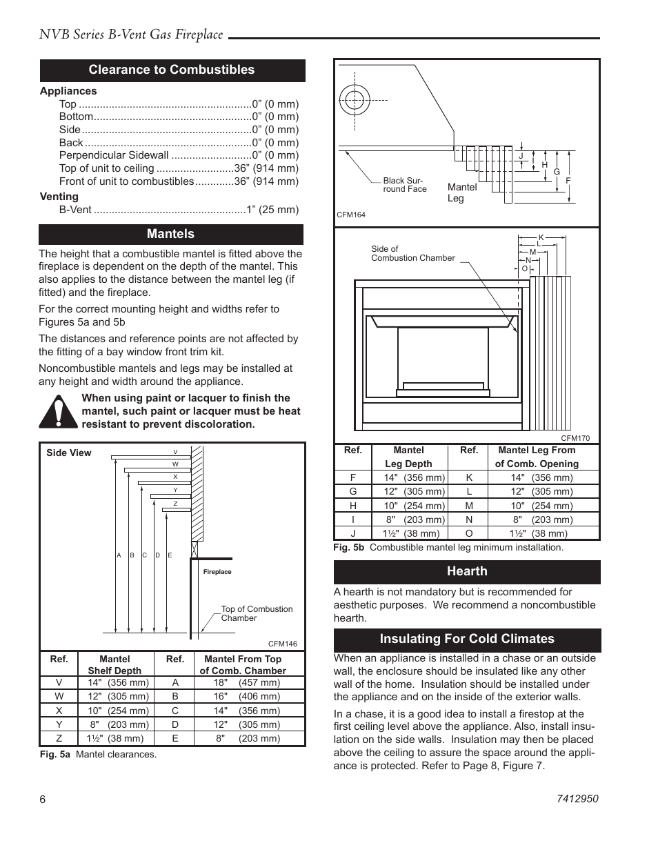 Nvb series b-vent gas fireplace, Clearance to combustibles, Mantels | Hearth, Insulating for cold climates | Vermont Casting NVBR36 User Manual | Page 6 / 24
