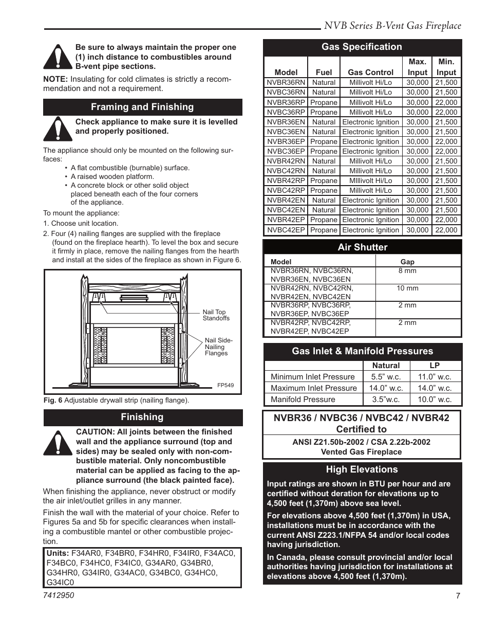 Nvb series b-vent gas fireplace, Framing and finishing, Finishing | Gas speciﬁcation, Gas inlet & manifold pressures, High elevations, Air shutter | Vermont Casting NVBR36 User Manual | Page 7 / 24