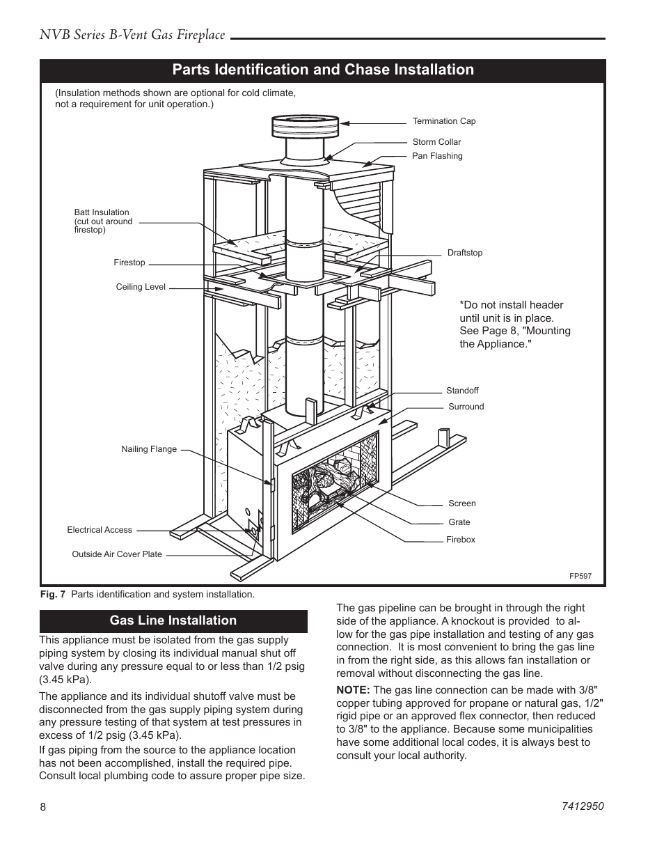 Nvb series b-vent gas fireplace, Parts identiﬁcation and chase installation, Gas line installation | Vermont Casting NVBR36 User Manual | Page 8 / 24