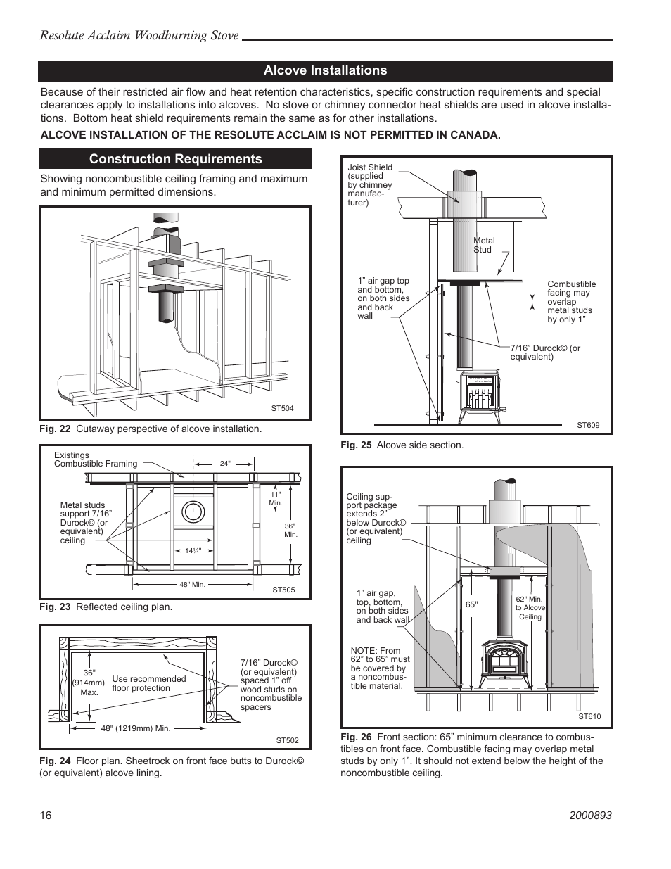 Resolute acclaim woodburning stove, Alcove installations construction requirements | Vermont Casting 2490 User Manual | Page 16 / 32
