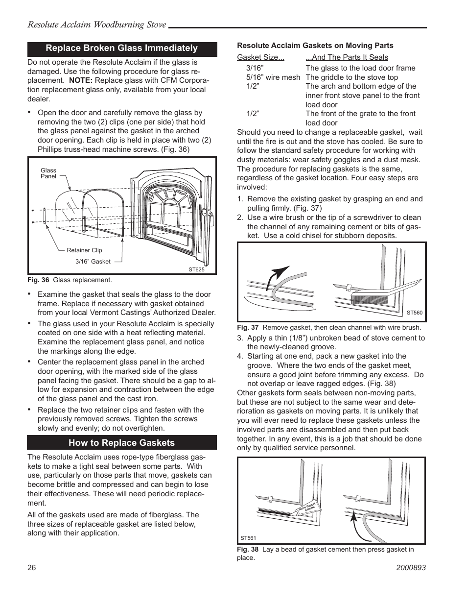 Resolute acclaim woodburning stove, Replace broken glass immediately, How to replace gaskets | Vermont Casting 2490 User Manual | Page 26 / 32